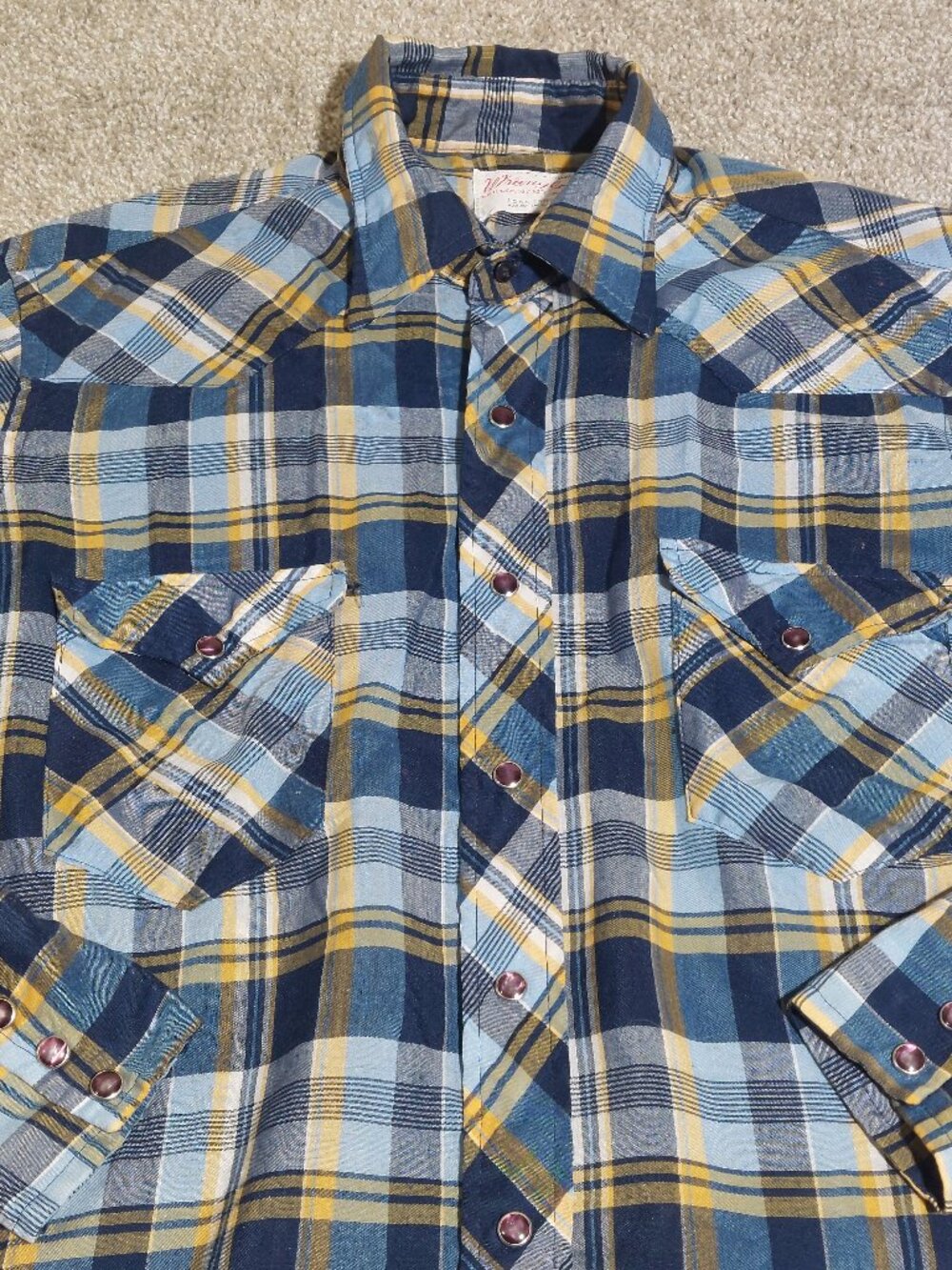 Vintage 1970s Wrangler Western Pearl Snap Shirt Plaid Permanent Press USA Size M